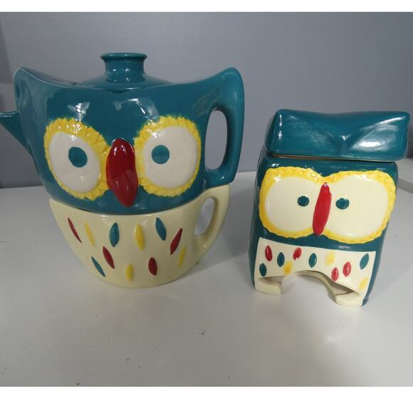 MSRF, Inc. Design Studio Retro Owl Teapot Teacup Teabag Holder Ceramic Set - Picture 1 of 5